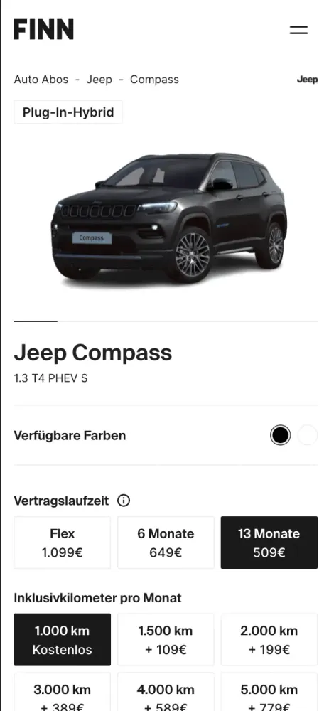 FINN Auto Abo Mobile View der PDP