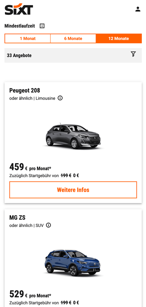 SIXT Plus Auto Abo Mobile Website Alle Angebote