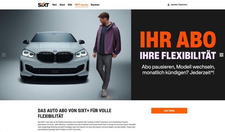 Foto von der SIXT Plus Auto Abo Homepage