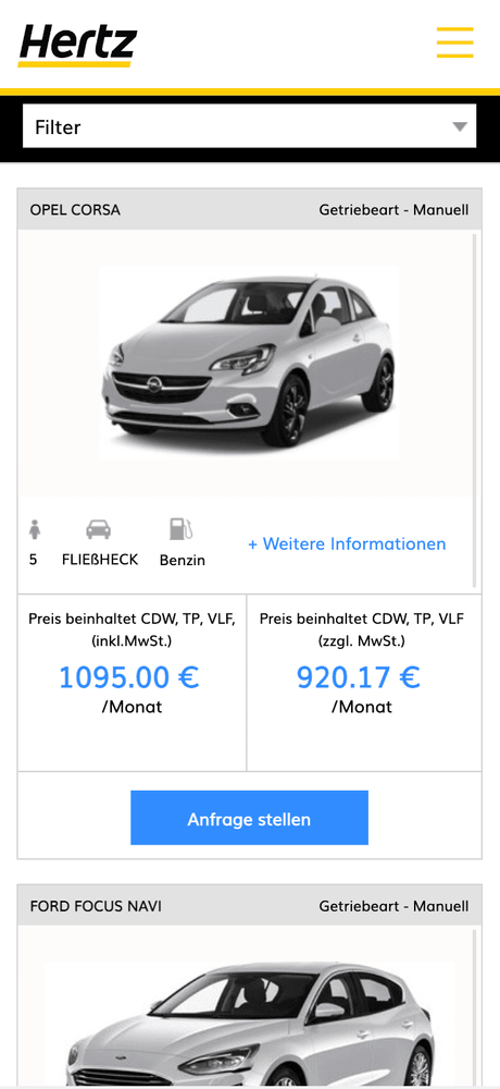 Hertz Auto Abo Mobile View der SERP