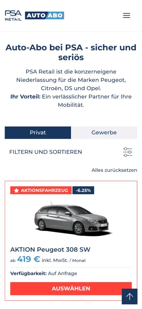 Stellantis Auto Abo Mobile View der SERP