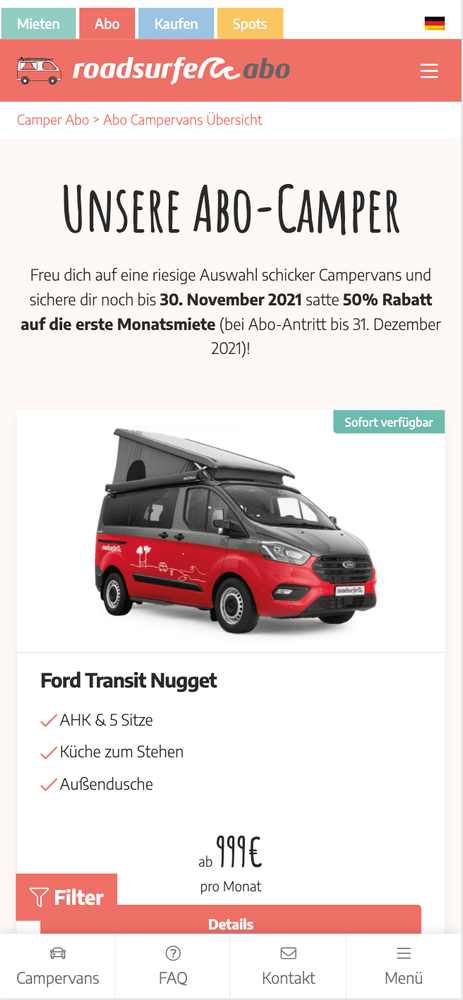 Roadsurfer Auto Abo Mobile View der SERP