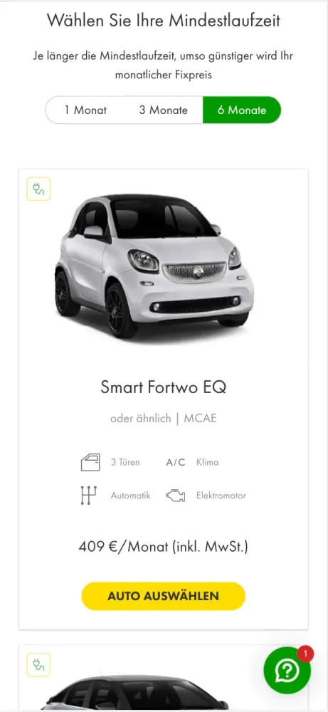 Europcar Auto Abo Mobile View der SERP