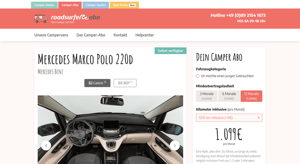 Roadsurfer Auto Abo Desktop View der PDP