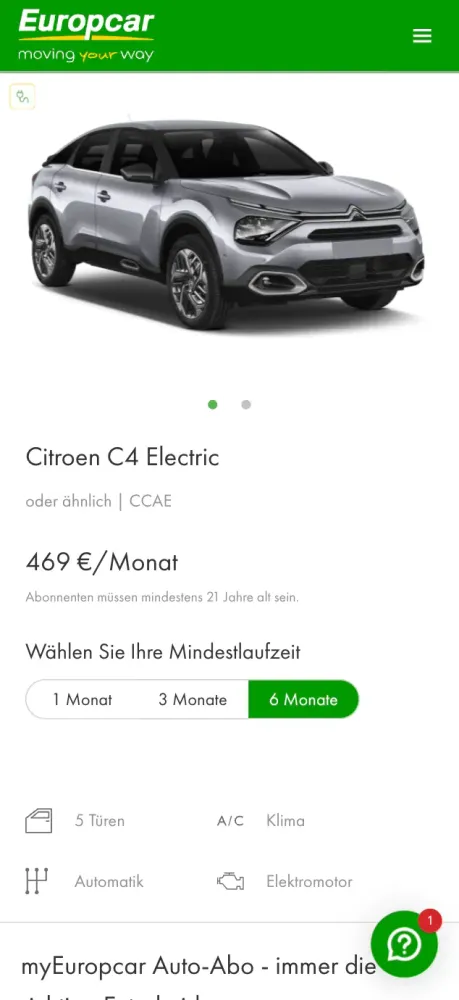 Europcar Auto Abo Mobile View der PDP