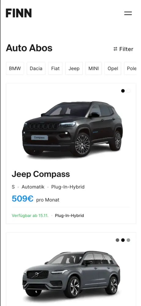 FINN Auto Abo Mobile View der SERP