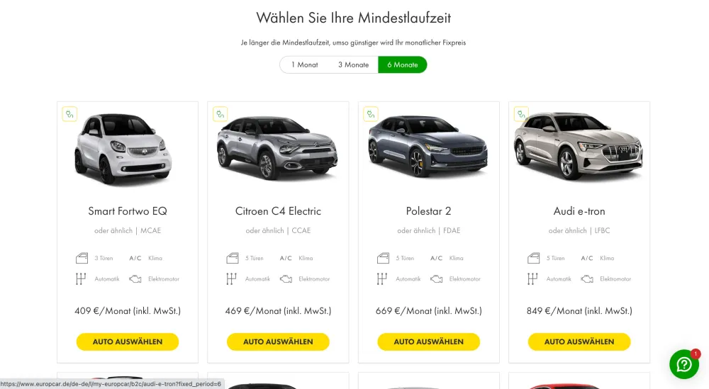 Europcar Auto Abo Desktop View der SERP