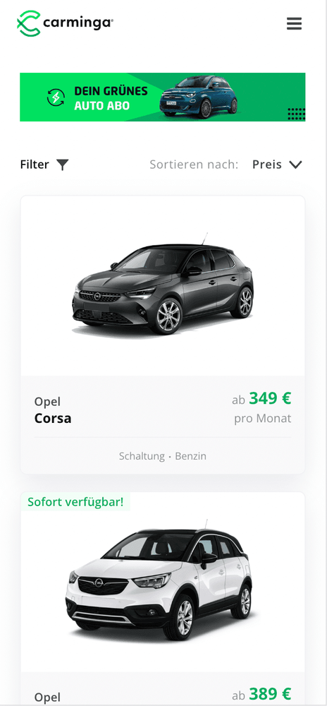 Carminga Mobile View der SERP