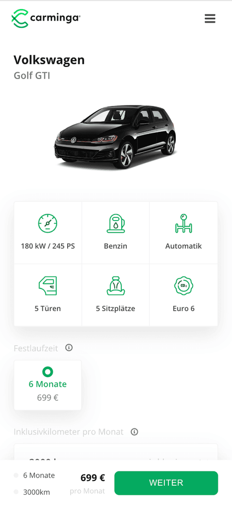 Carminga Mobile View der PDP