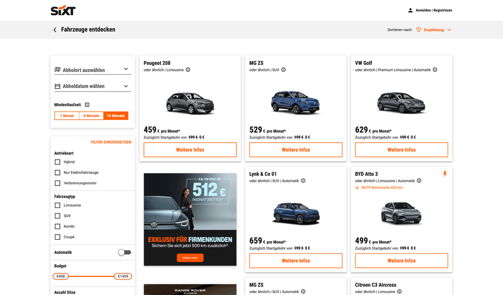 SIXT Plus Auto Abo Desktop Website Alle Angebote