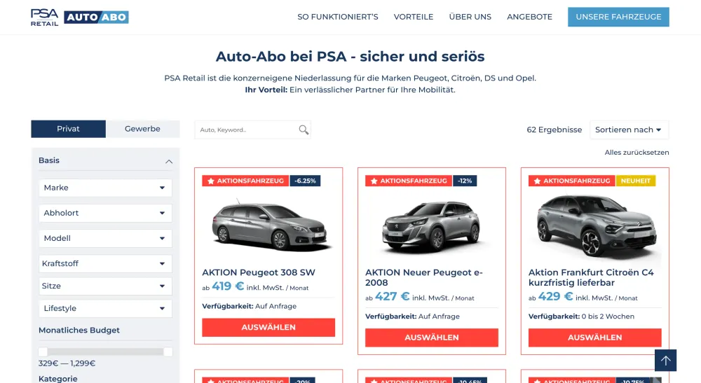 Stellantis Auto Abo Desktop View der SERP