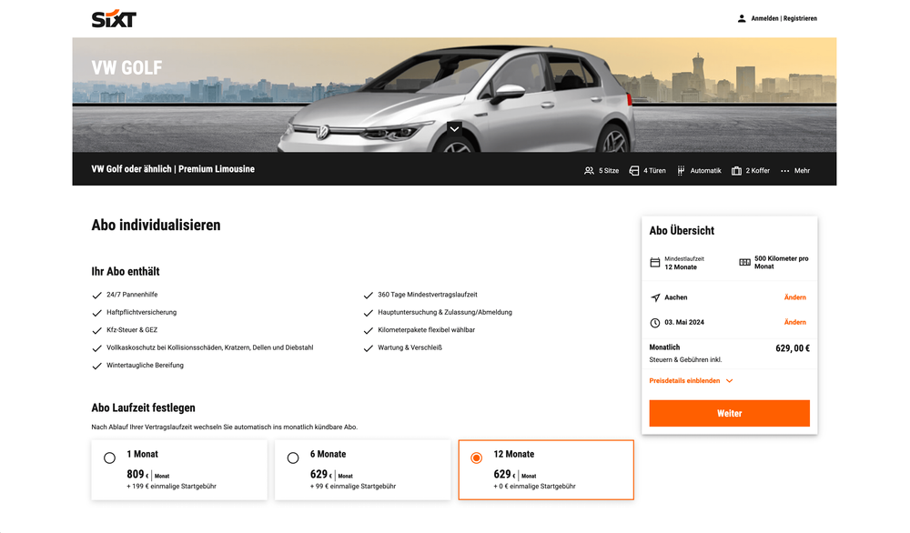 SIXT Plus Auto Abo Desktop Website Angebot