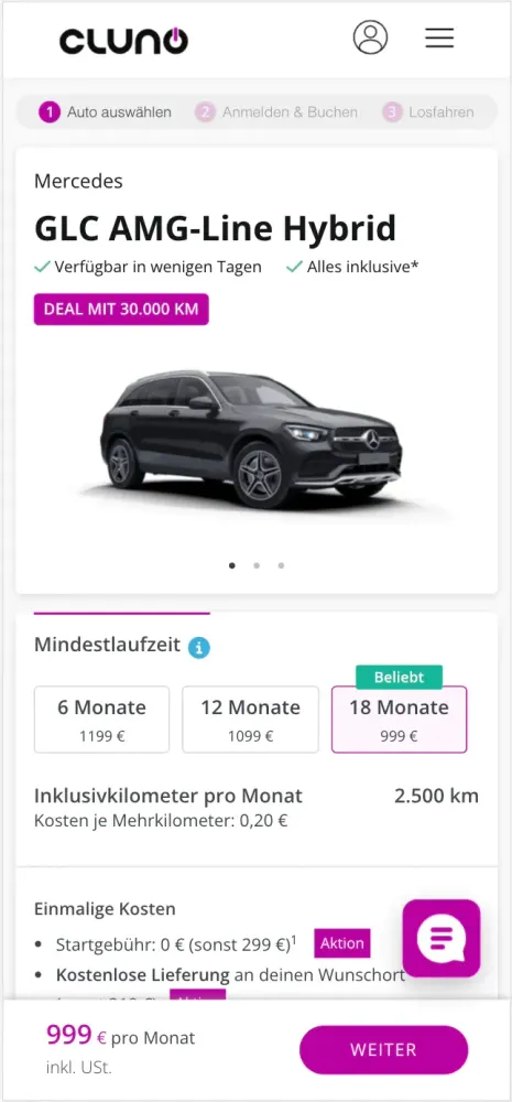 Cluno Auto Abo Mobile View der PDP