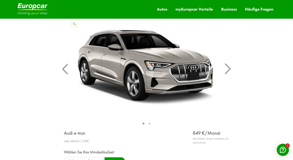 Europcar Auto Abo Desktop View der PDP