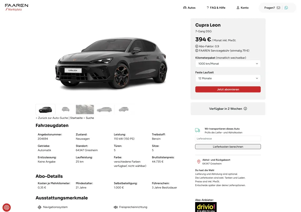 FAAREN Desktop View der PDP