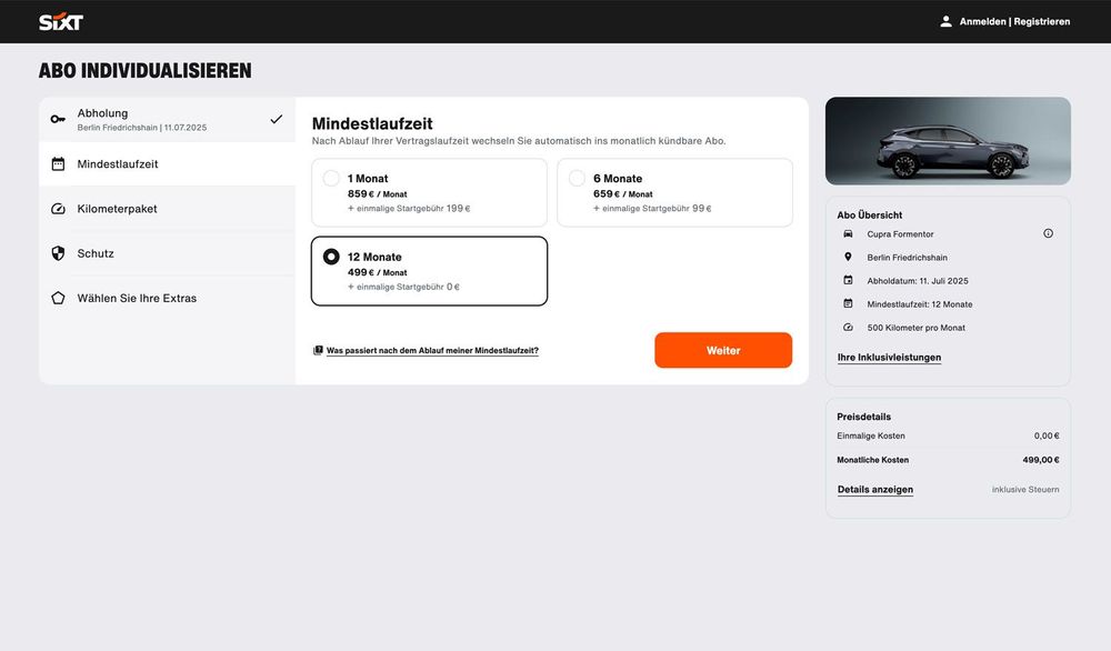 SIXT Auto Abo Desktop Website Angebot
