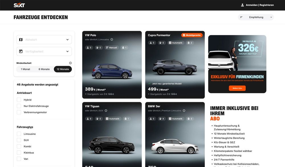 SIXT Auto Abo Desktop Website Alle Angebote