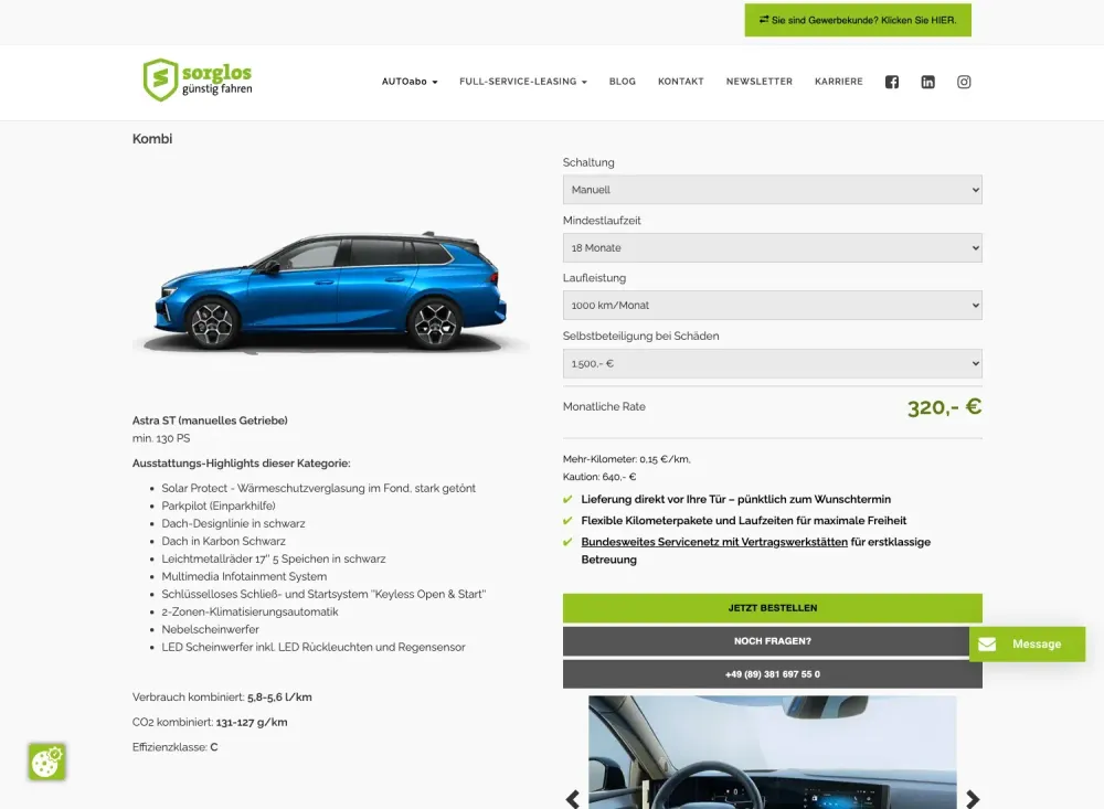 Sorglos günstig fahren Desktop View der PDP
